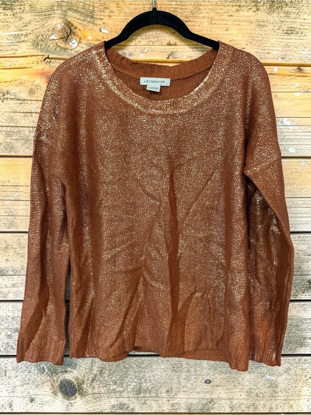 Liz Claiborne Metallic Sweater M Rust Copper Gold Shimmer Crew Neck